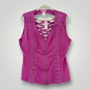 Lydia U.S.A. Tank Top Womens 3XL Pink Faux Suede Lace Up Zip Front NWT